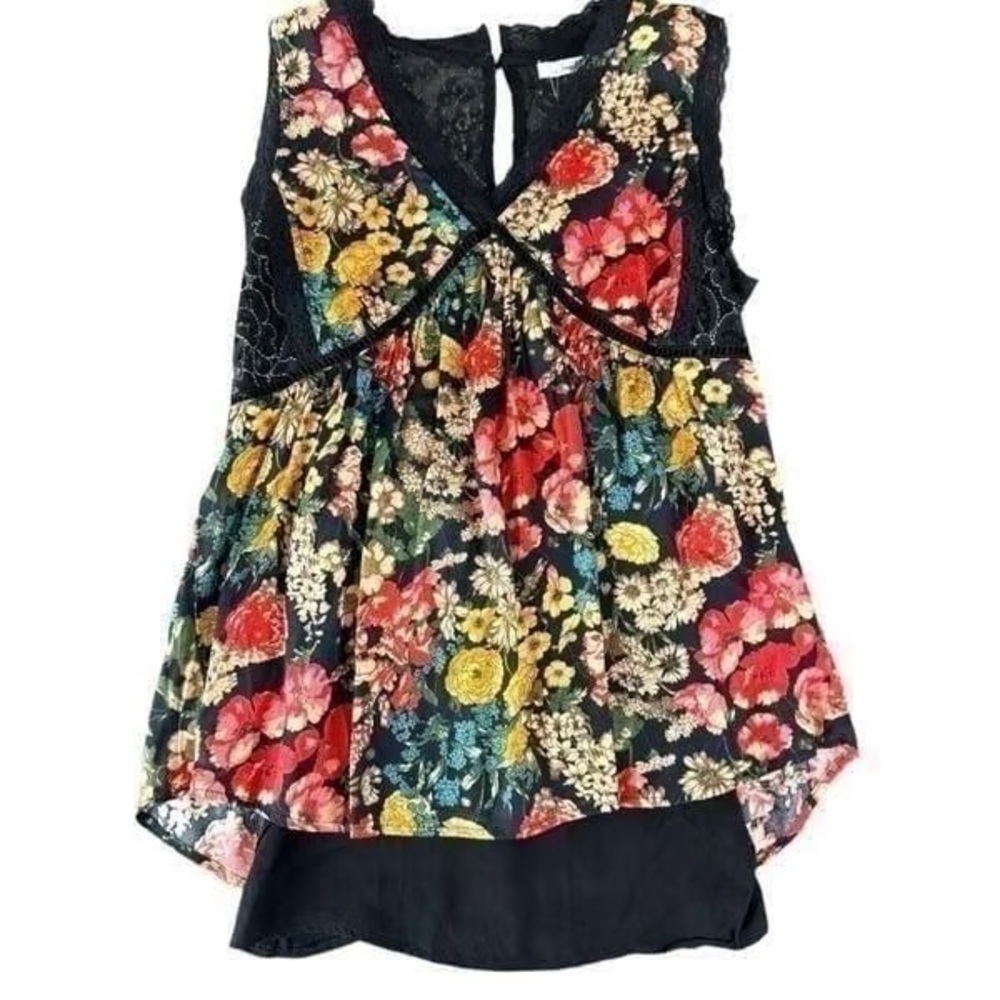 HAZEL | Black Floral Lace Trim Sleeveless Floral Dressy Tank Blouse